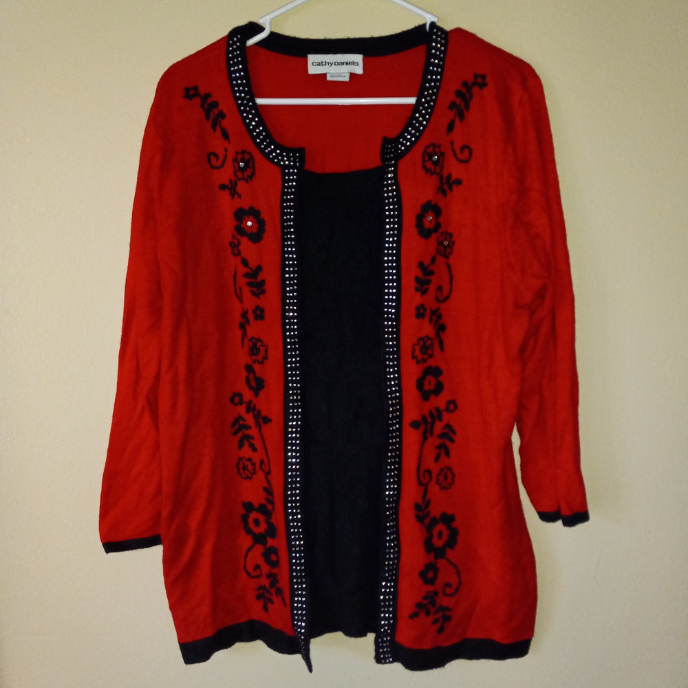 CATHY DANIELS Red-and-Black Floral Cardigan with Silver Sequins Women's L